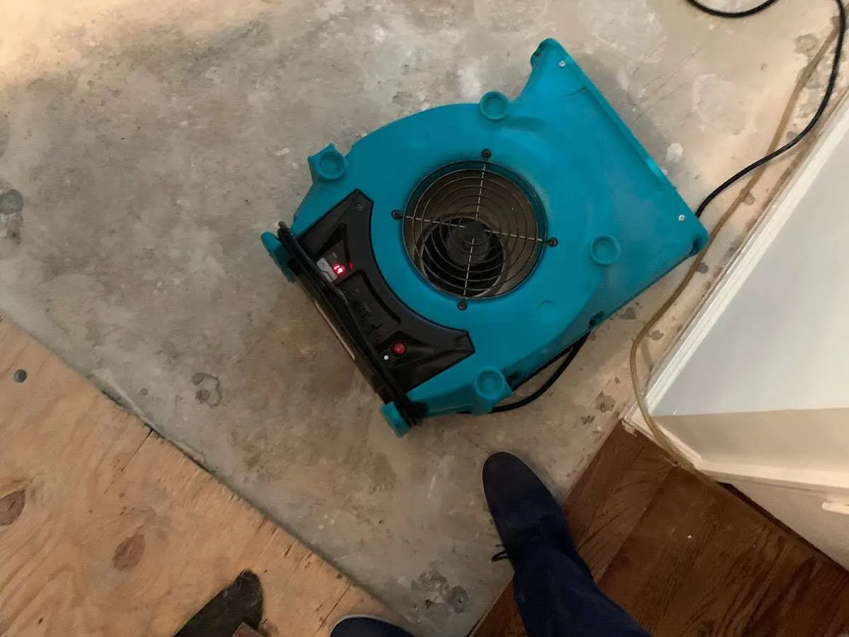 Air mover drying subfloor during Leak Detection & Repair in Little Canada